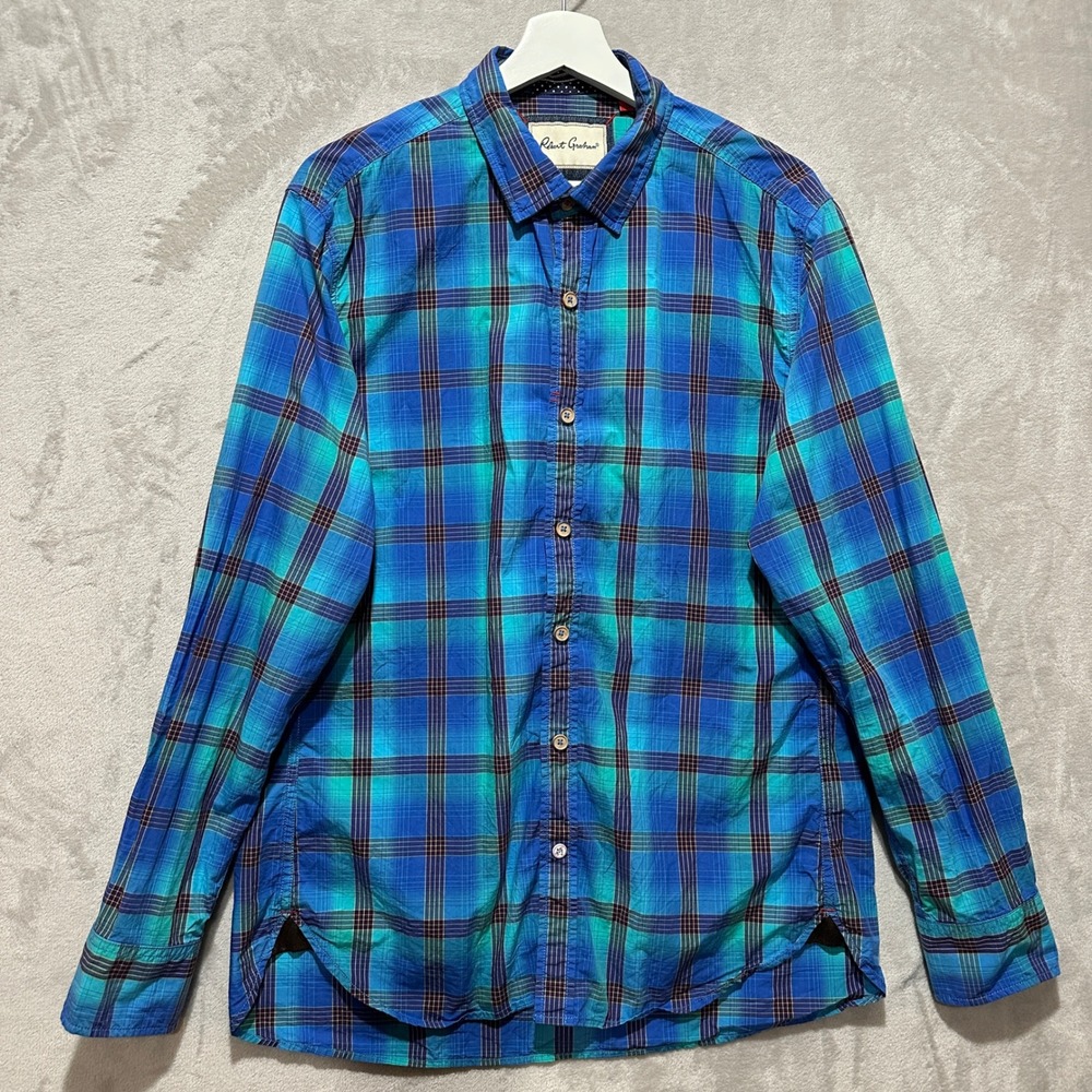 Robert Graham Mens Tailored Fit Blue Plaid Button Down Shirt L